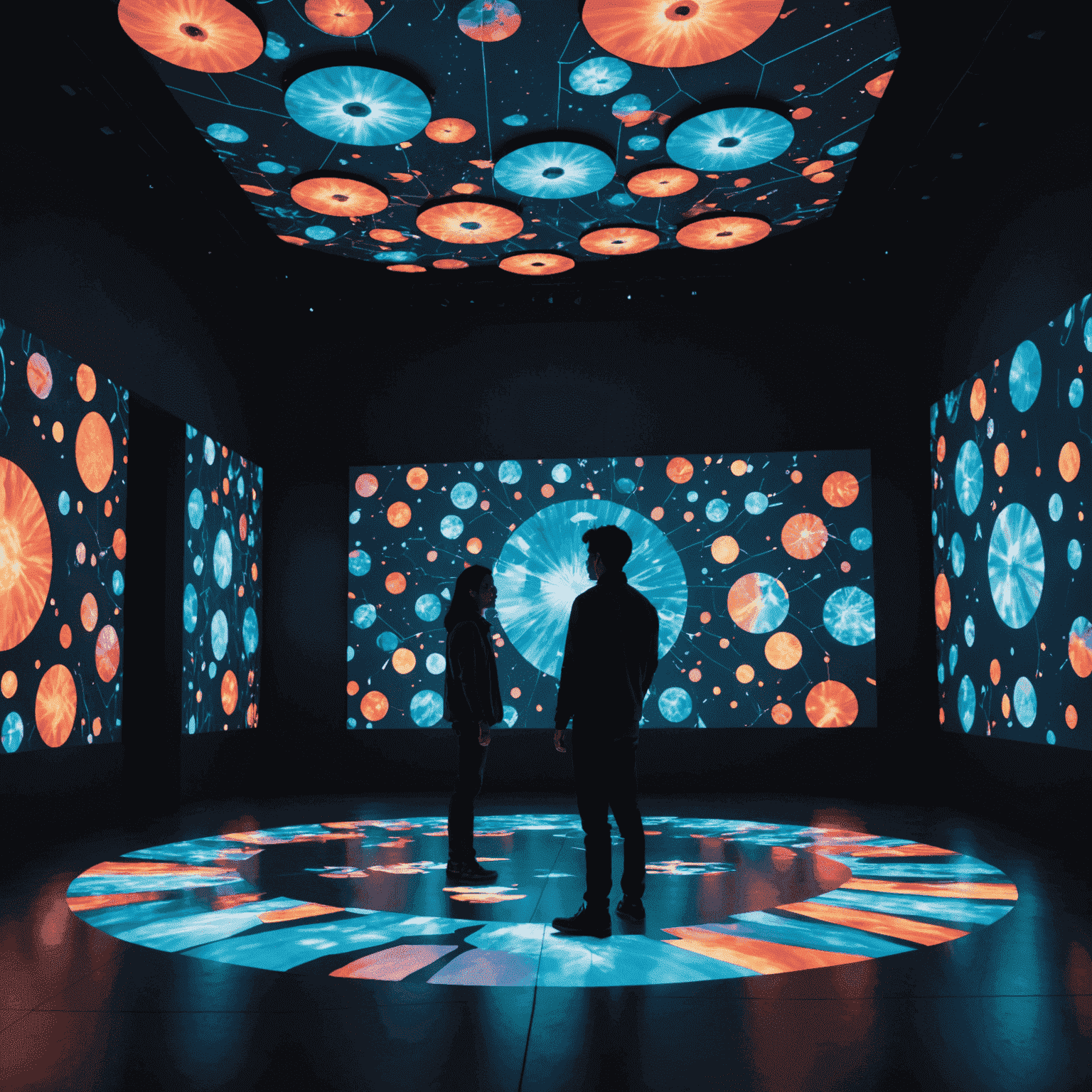 A large, dimly lit room with interactive light installations. Visitors are seen interacting with floating, colorful digital projections that respond to their movements. The space gives an otherworldly, futuristic feel reminiscent of SuperNature Macao's innovative approach to art.