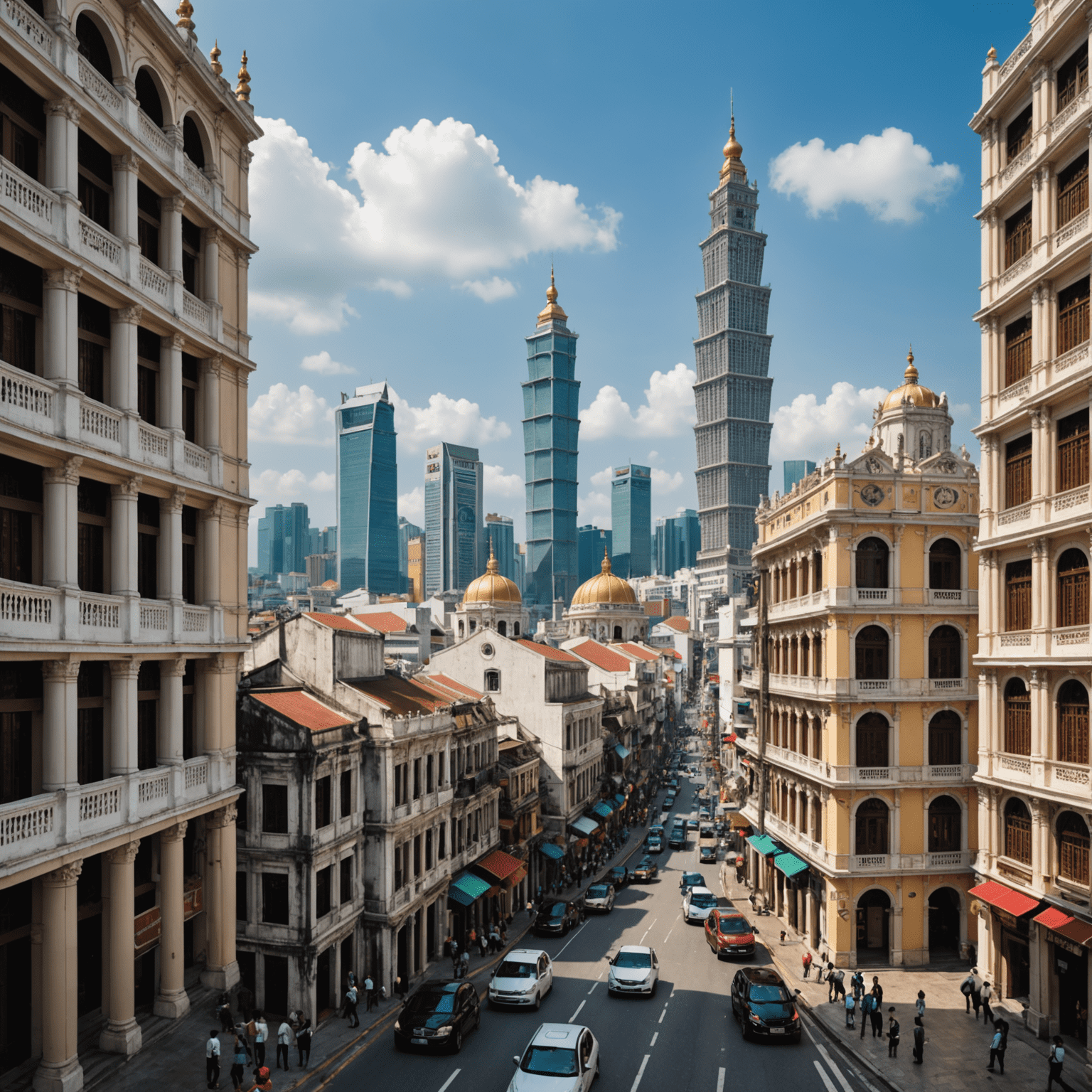 A panoramic view of Macao's skyline, showcasing a blend of colonial and modern architecture, symbolizing the city's artistic journey