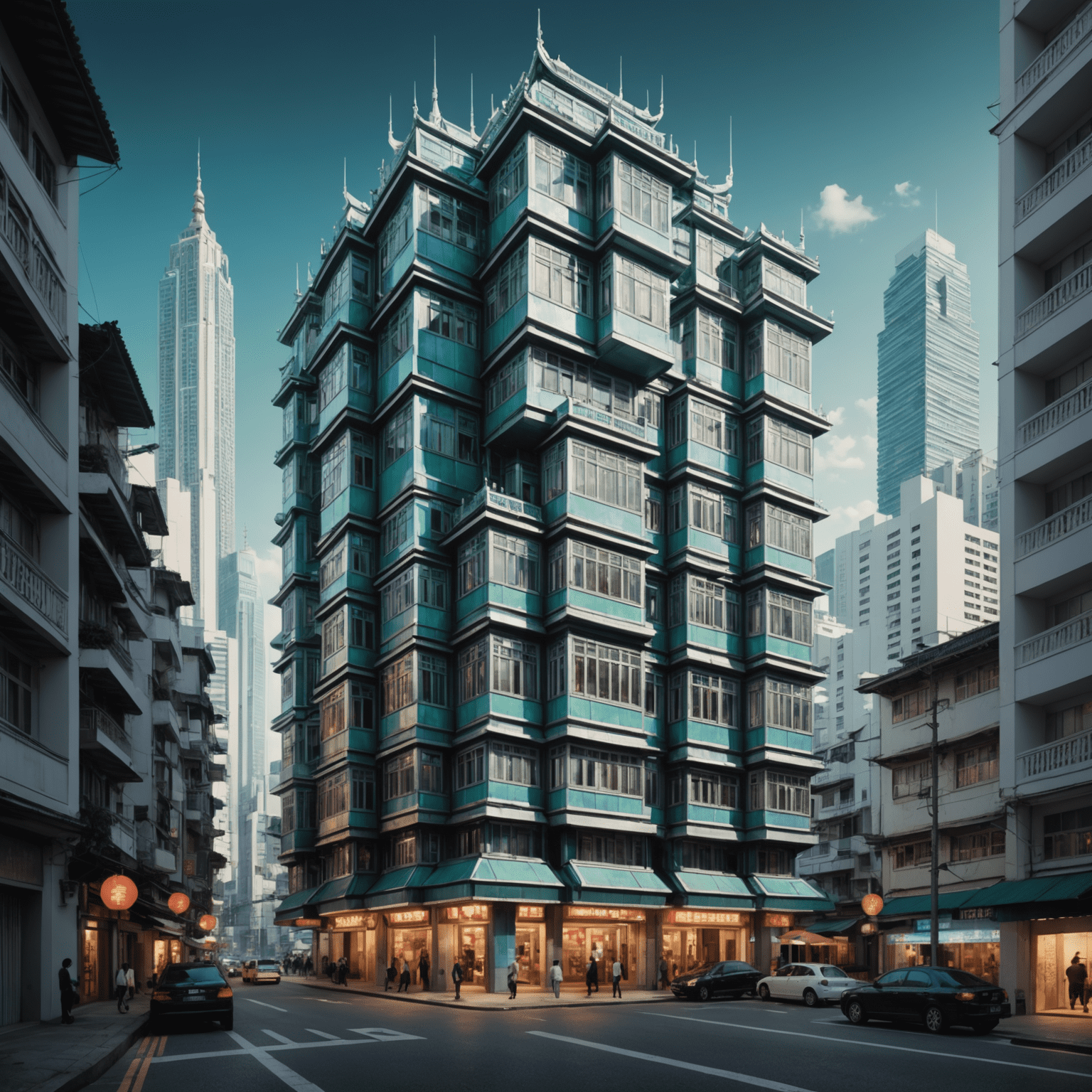 A digital artwork by Lei Weng showcasing a futuristic interpretation of traditional Macanese architecture, with holographic projections of historical buildings blending seamlessly with modern skyscrapers