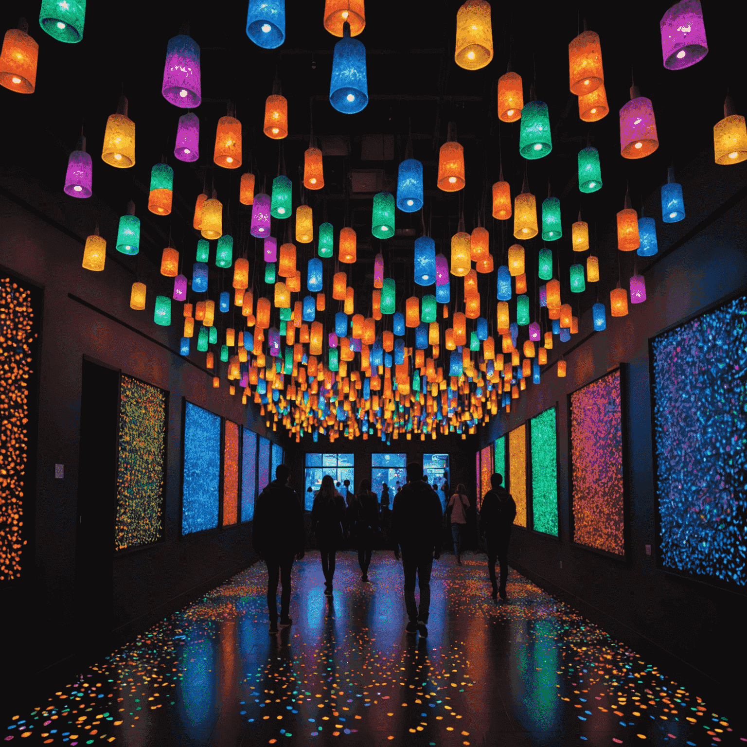 A dark room filled with hundreds of colorful, glowing lamps hanging from the ceiling. As visitors walk through, the lamps change colors and create patterns in response to their movement.