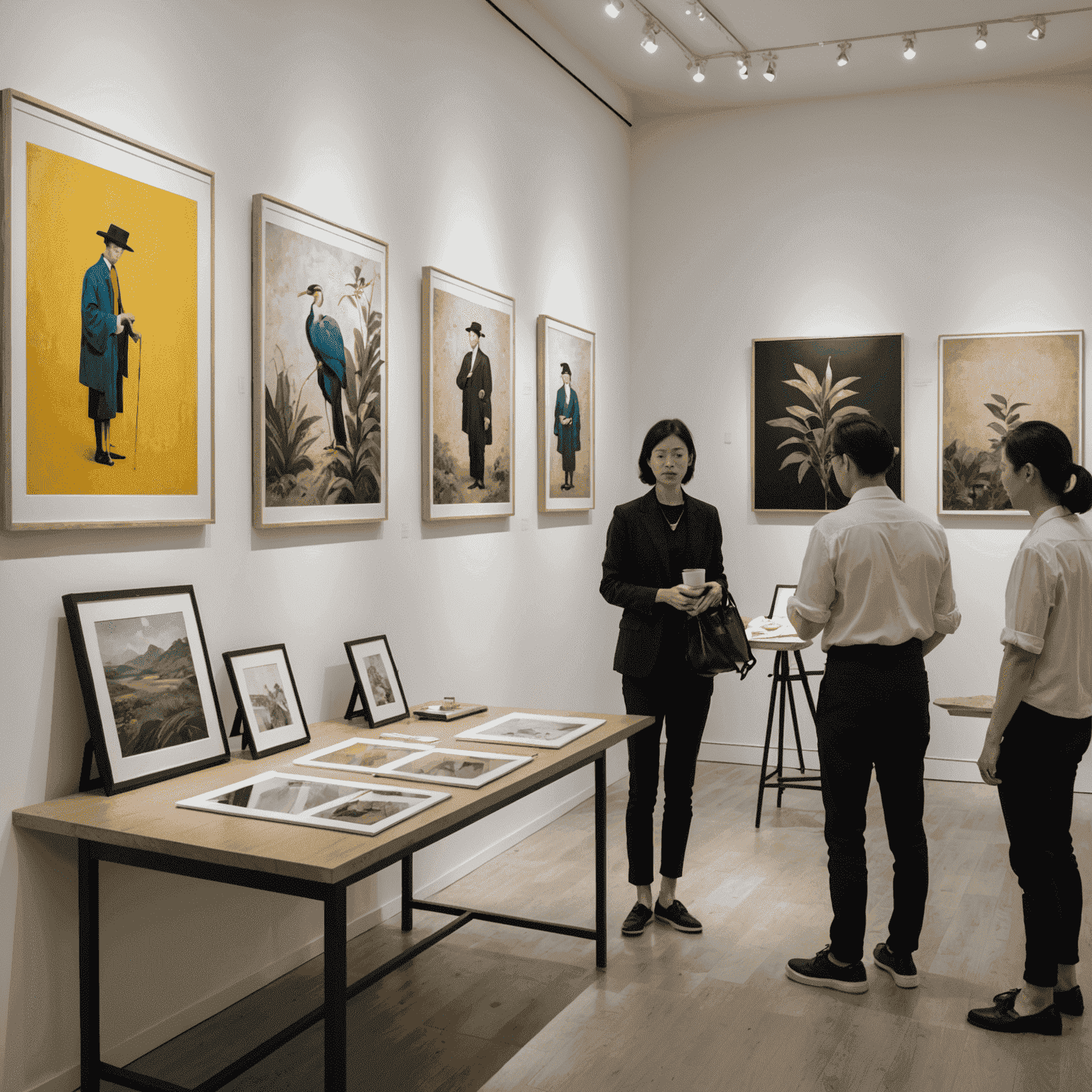 Behind-the-scenes image of curators arranging artworks in SuperNature Macao gallery space