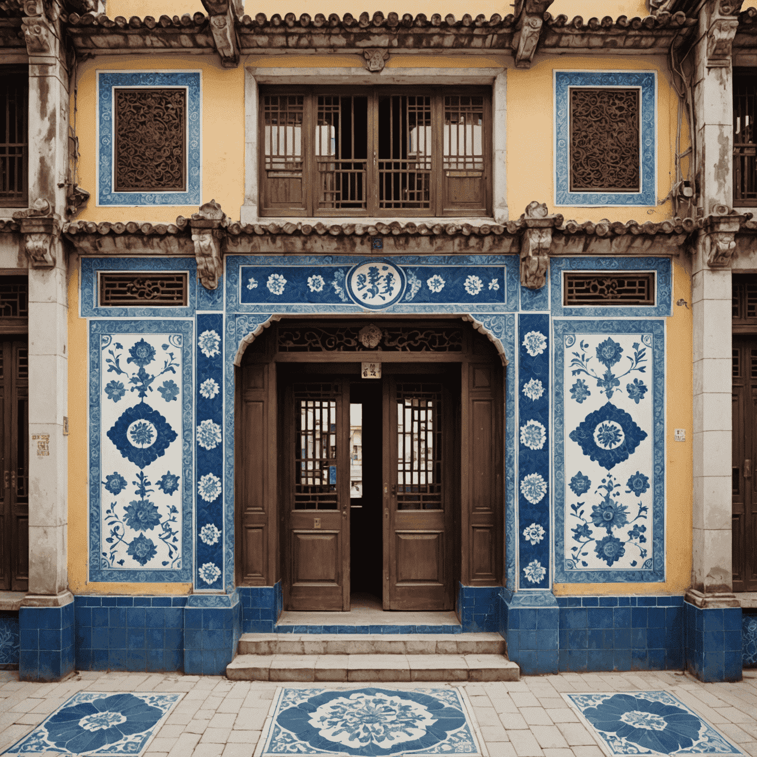 A traditional Macanese building with Portuguese azulejos tiles and Chinese motifs, illustrating the fusion of artistic styles