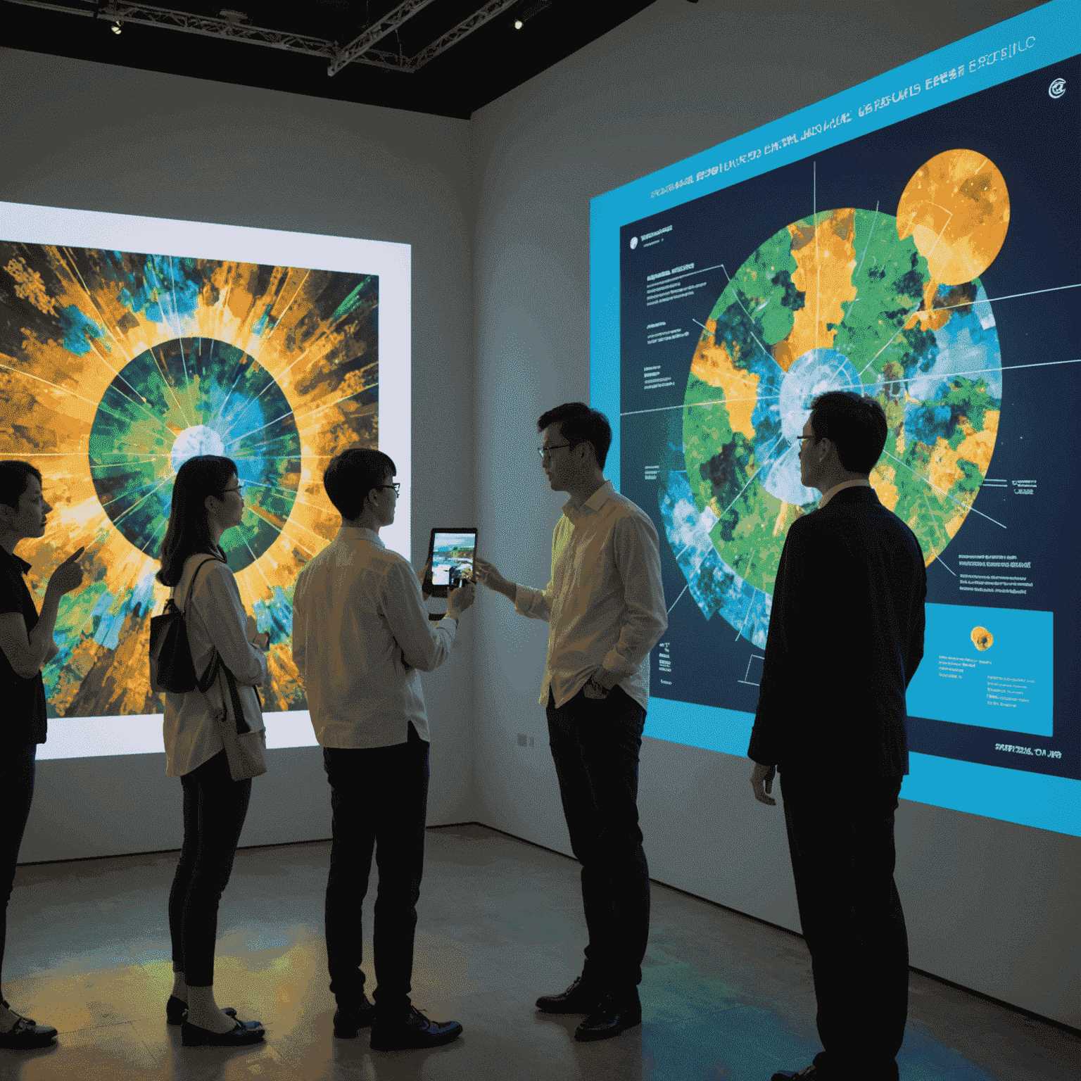 Curators from SuperNature Macao discussing potential exhibits in front of a large touchscreen displaying various digital artworks