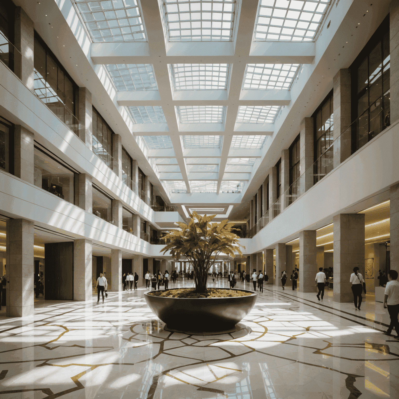 Interior atrium of SuperNature Macao, showing a vast open space with natural light filtering through uniquely designed skylights, creating patterns on the floor that change throughout the day