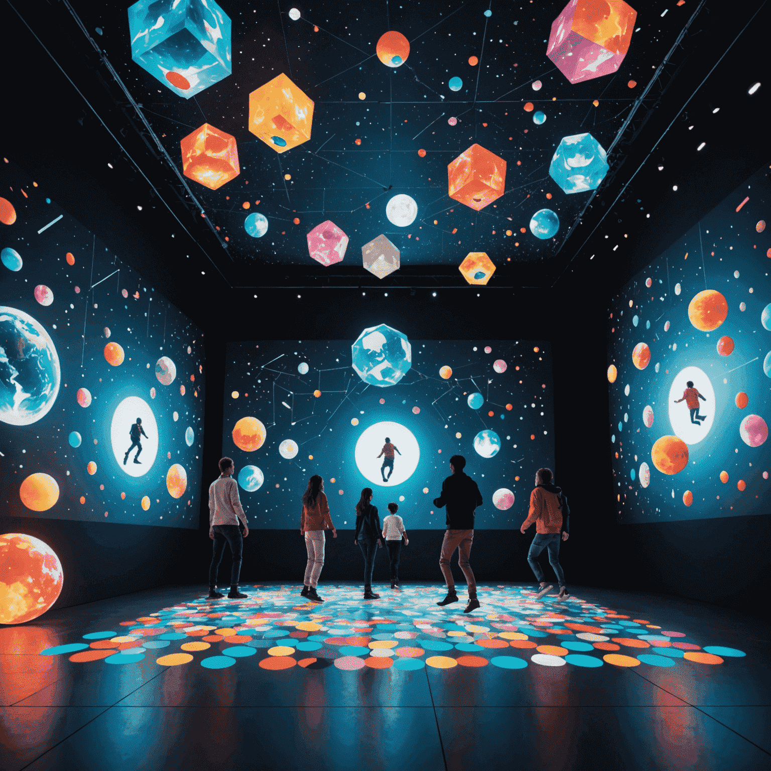 A large, brightly lit room with various three-dimensional objects floating in space. Visitors are seen climbing, jumping, and balancing on these objects while surrounded by colorful digital projections.