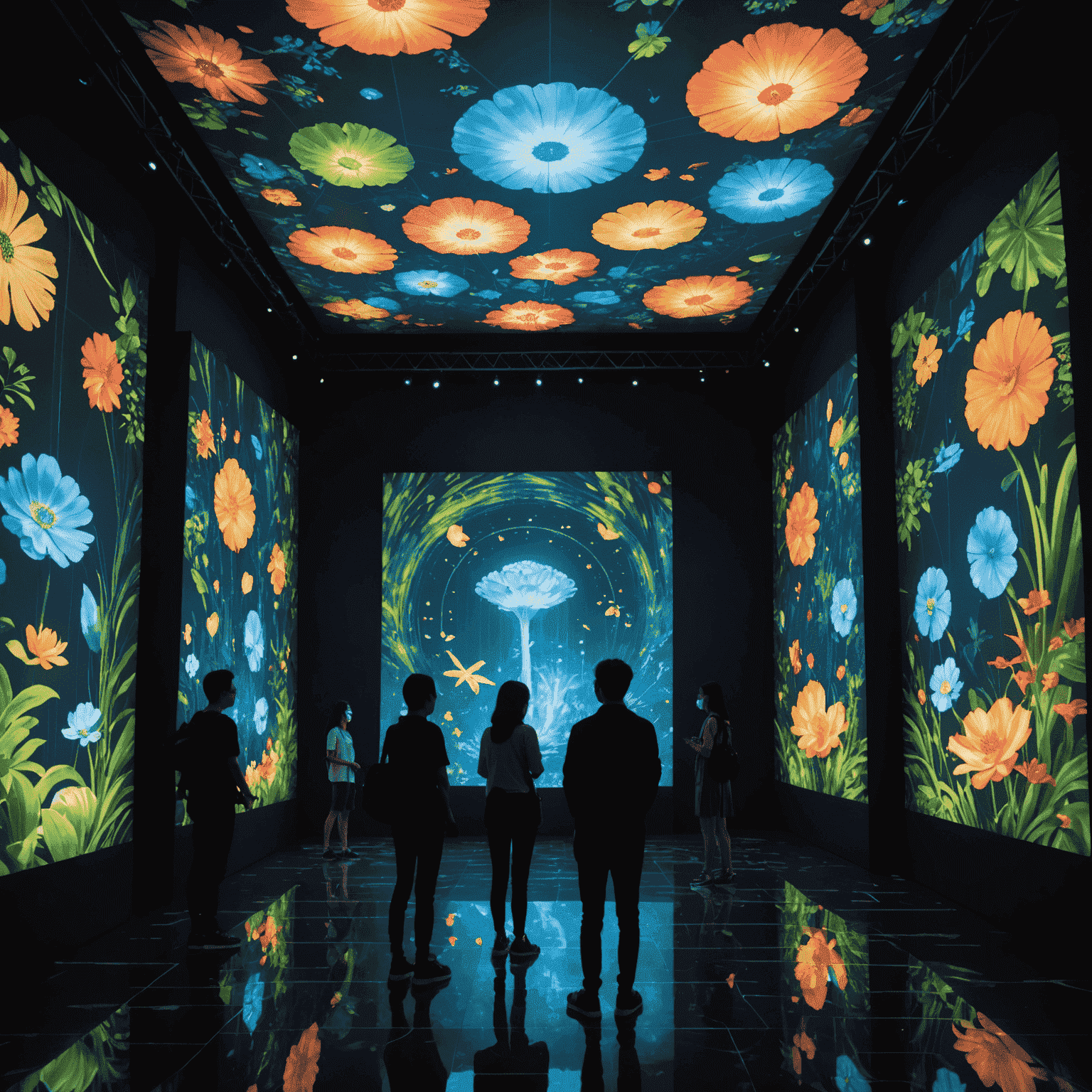 An immersive digital art installation at SuperNature Macao, featuring interactive light projections and visitors engaging with the artwork