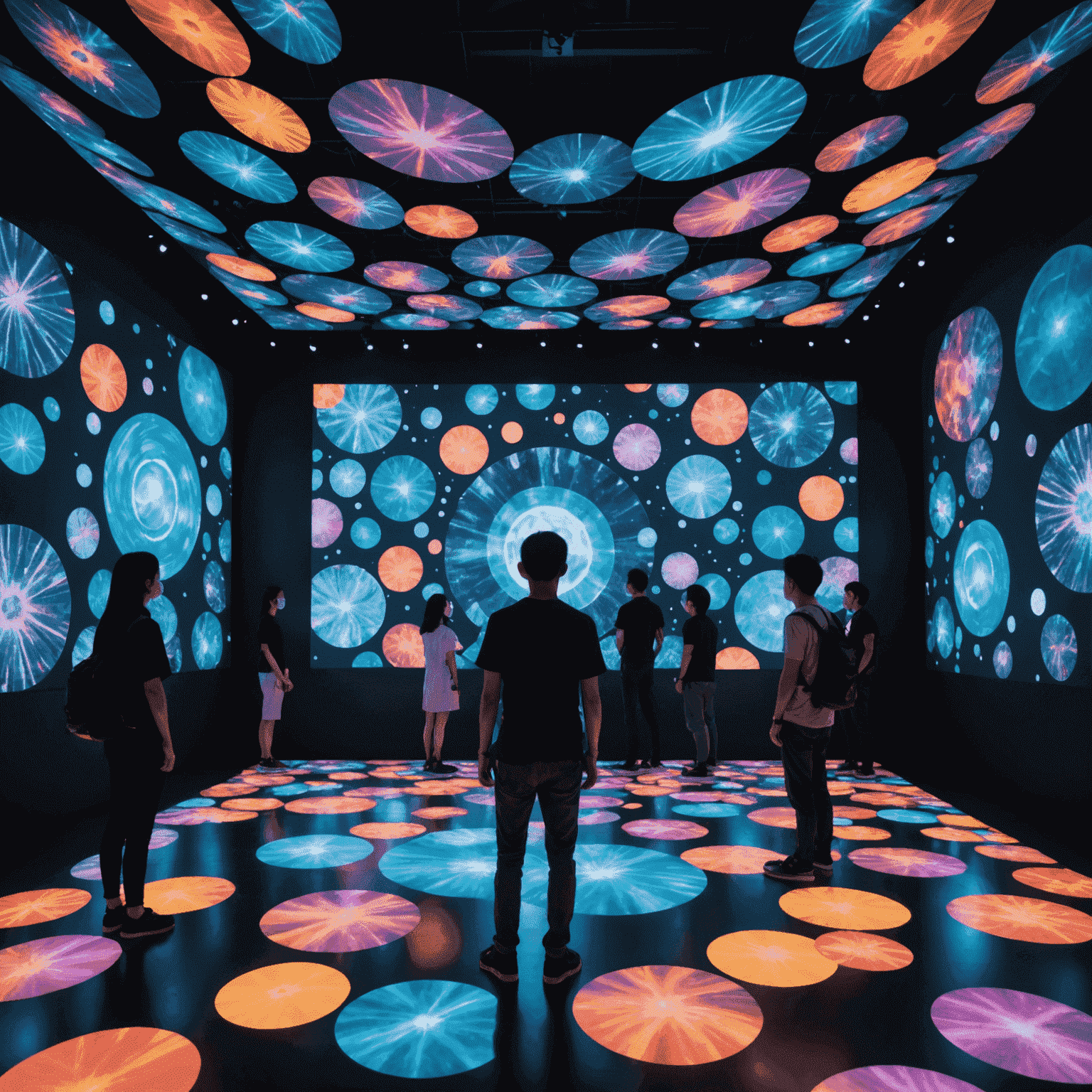 Visitors interacting with a large-scale digital art installation at SuperNature Macao, with colorful light projections responding to their movements