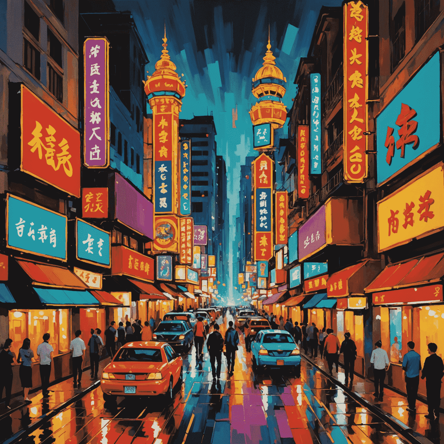 An abstract painting by Jack Chan featuring bold brushstrokes and a vibrant color palette, depicting the energy and chaos of Macao's bustling streets and casino lights