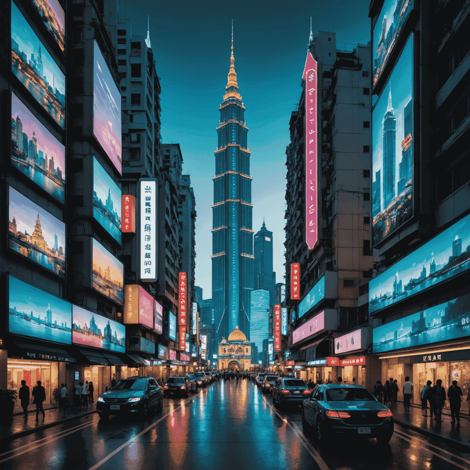 A futuristic cityscape of Macao with holographic art projections on buildings, symbolizing the future of art in the city