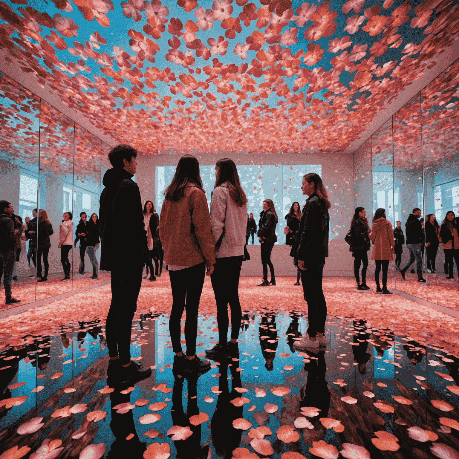 A mirrored room filled with floating digital flower petals. Visitors stand in awe as colorful petals fall around them, creating patterns and responding to their presence.